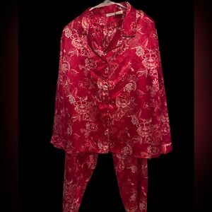 Red Floral satin pajama set full length pants Large